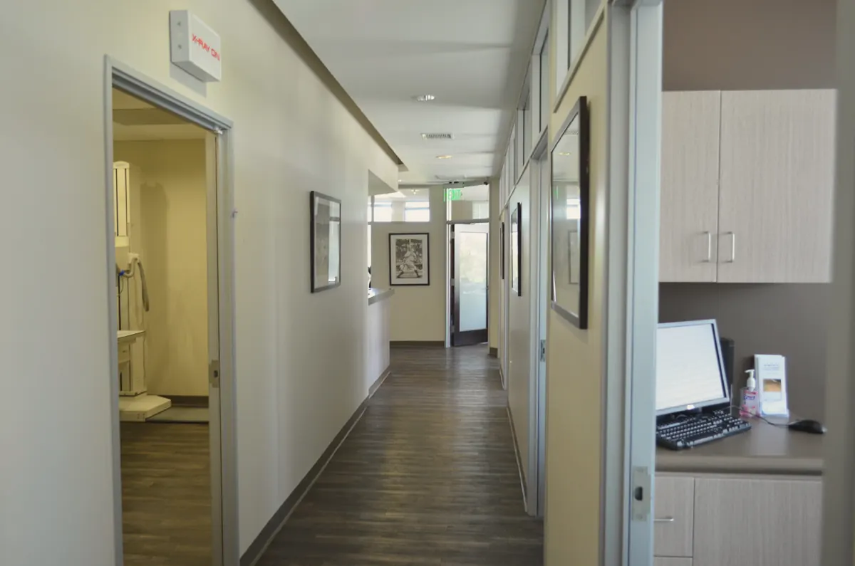 Office hallway with clinical workstations